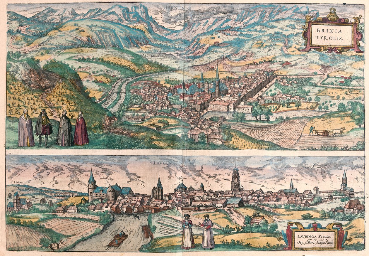 Brixen (Bressanone), İtalya ve Lauingen, Donau, Almanya (gravür by Franz Hogenberg