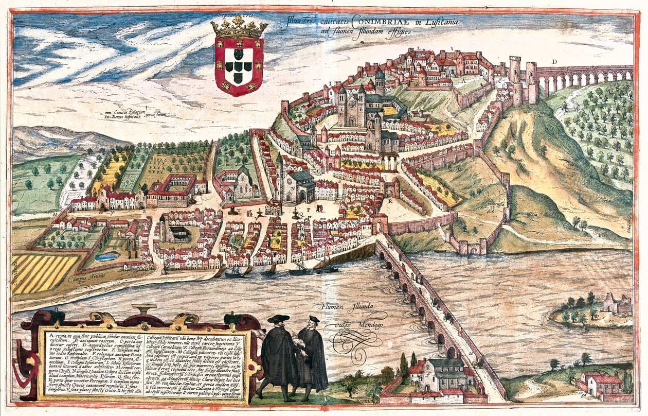Coimbra, Portekiz Öğrenilmiş tartışmada ön planda görülen iki akademisyen, üniversiteye daha fazla görsel gönderme yapıyor (gravür by Franz Hogenberg