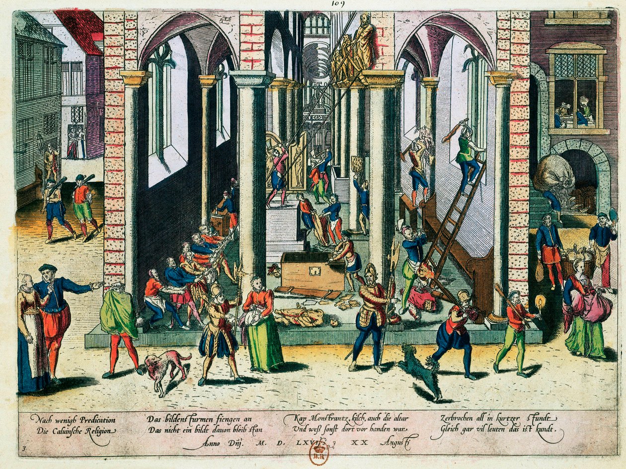 Kiliselerdeki kalıntıların ve heykellerin yok edilmesi, Nisan 1566 (renkli gravür) by Franz Hogenberg