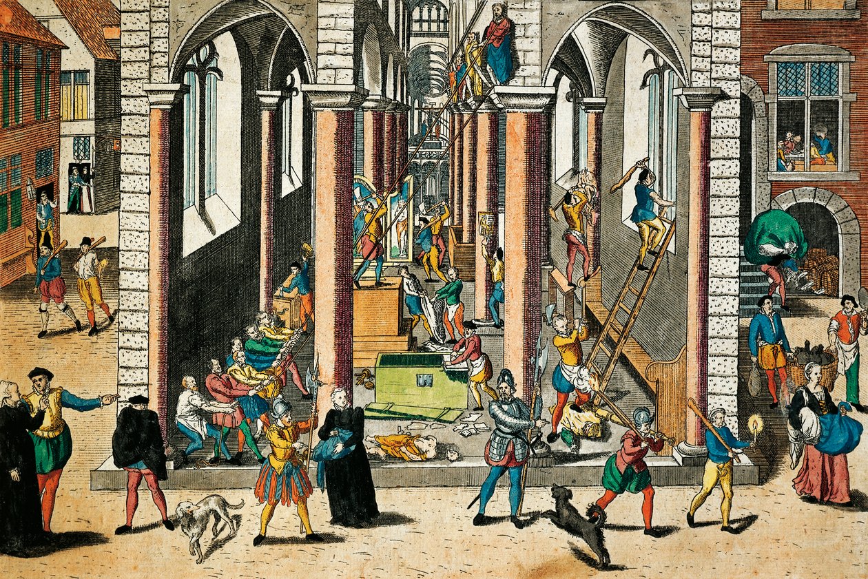 Kiliselerdeki kalıntıların ve heykellerin yok edilmesi, Nisan 1566, gravür Franz Hogenberg (1535 - 1590), Din Savaşları, Fransa by Franz Hogenberg
