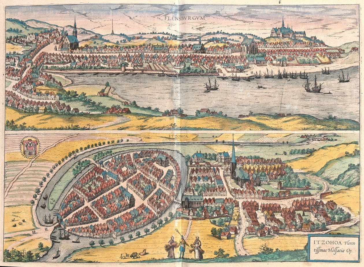 Flensburg ve Itzehoe, Almanya (gravür by Franz Hogenberg