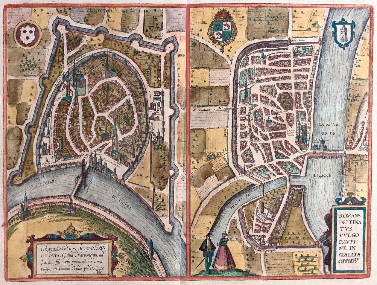 Grenoble ve Romans sur Ister, Fransa (gravür by Franz Hogenberg