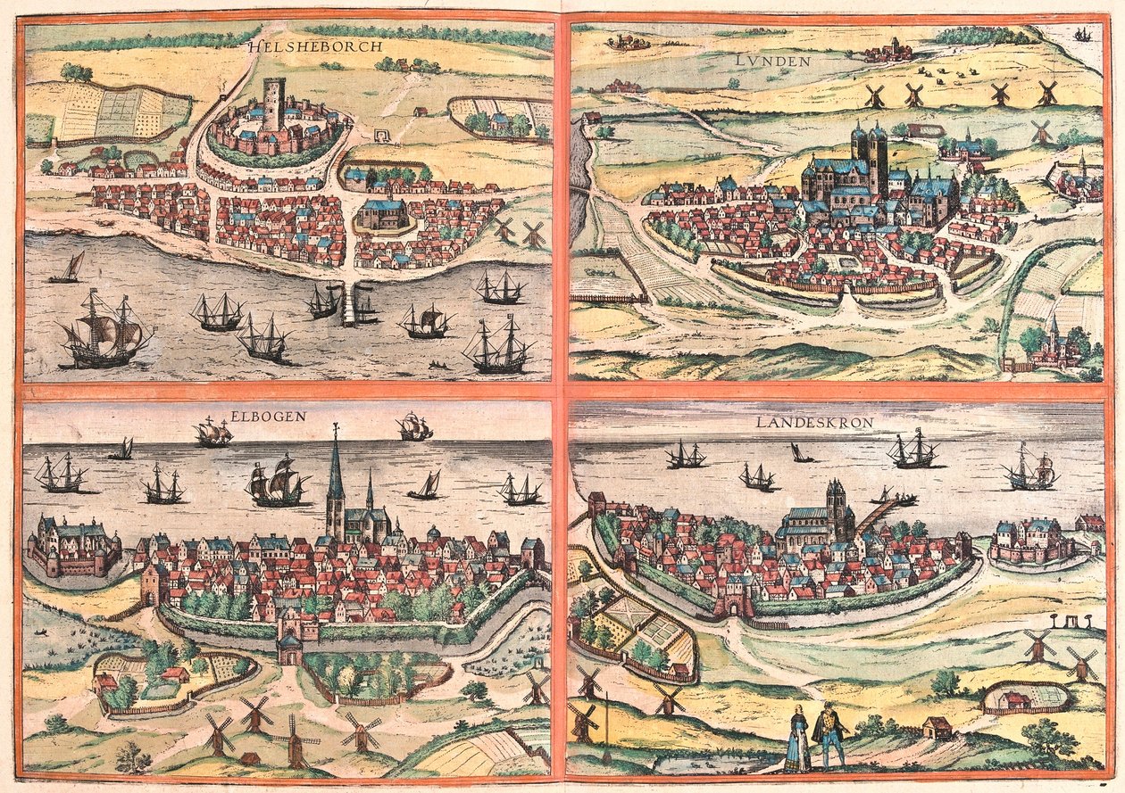Helsingborg, Lunden, Malmö ve Landskrona (İsveç) (gravür by Franz Hogenberg
