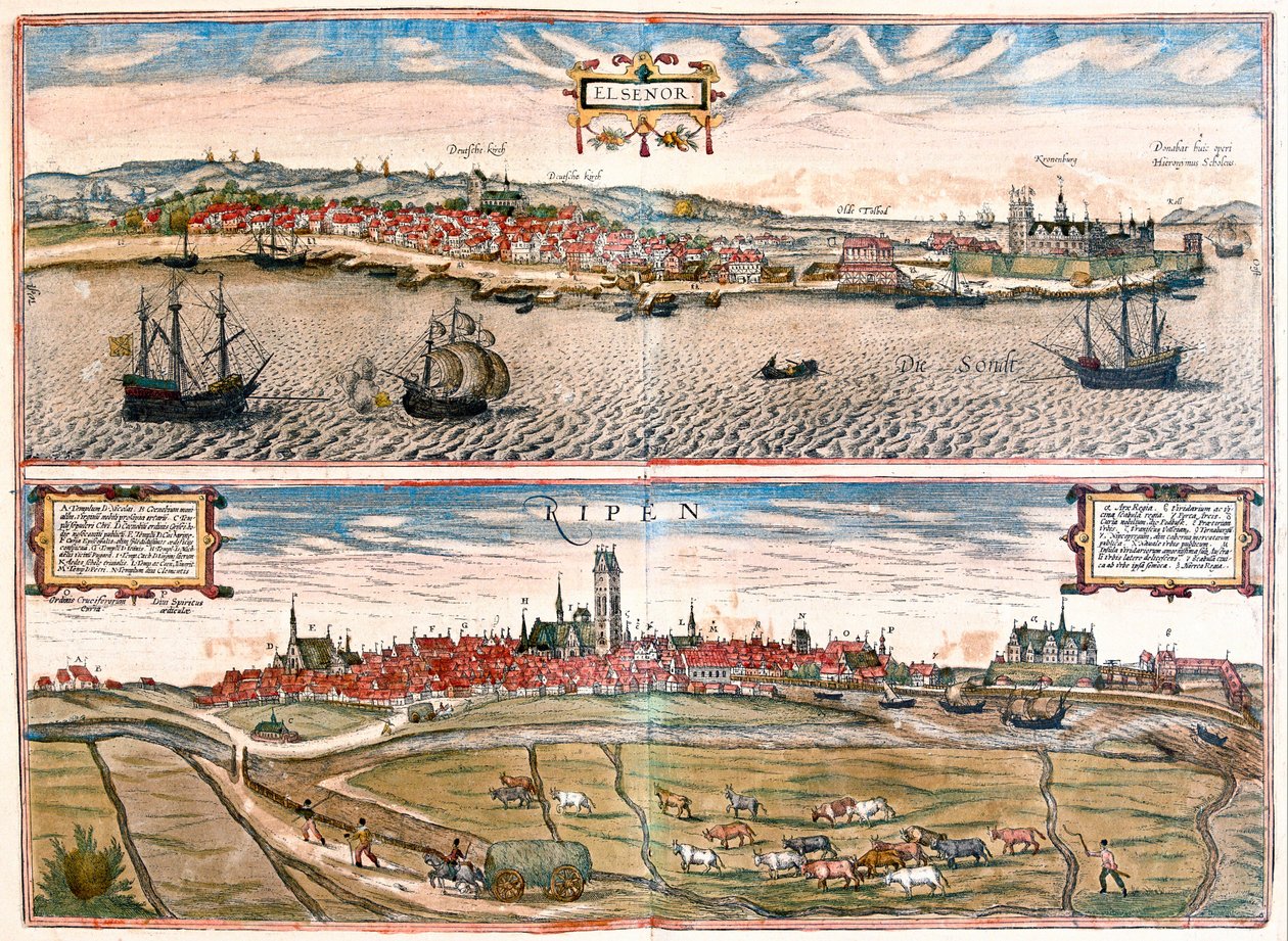 Helsingor ve Ribe, Danimarka (gravür by Franz Hogenberg