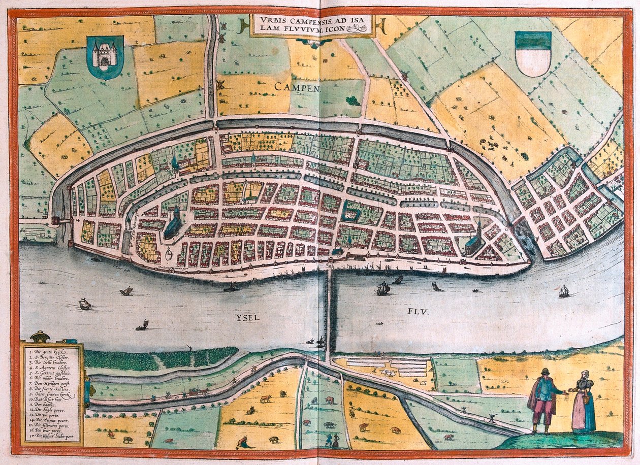 Kampen ve nehir IJssel veya Yssel, Hollanda (gravür by Franz Hogenberg