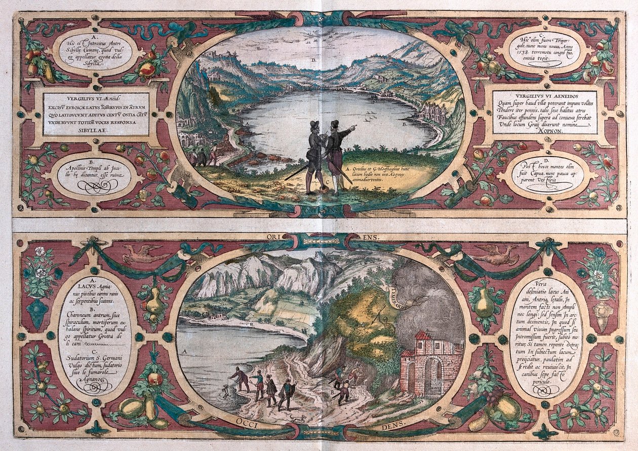 Agnano Gölü ve köpek mağarası, İtalya (gravür by Franz Hogenberg