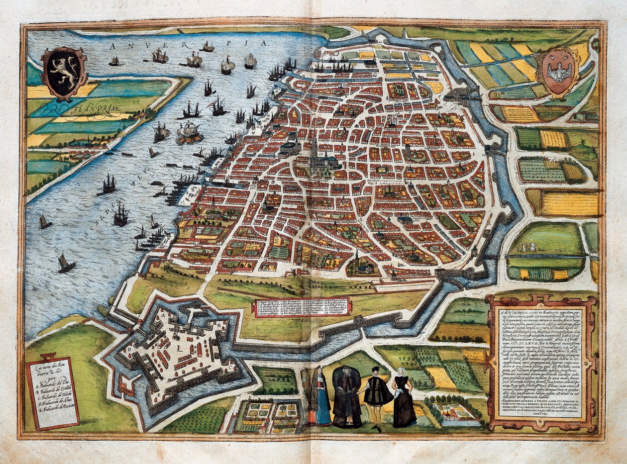 Anvers haritası, "Civitates orbis terrarum"dan (renkli gravür) by Franz Hogenberg