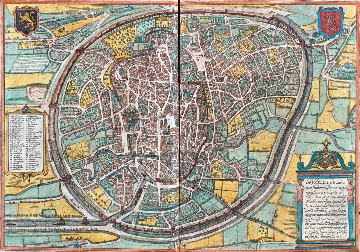 Bruxelles (Bruxella), Belçika haritası (gravür by Franz Hogenberg