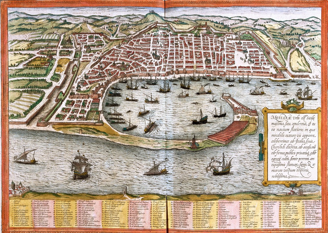 Messina (Messana), İtalya Haritası (gravür by Franz Hogenberg