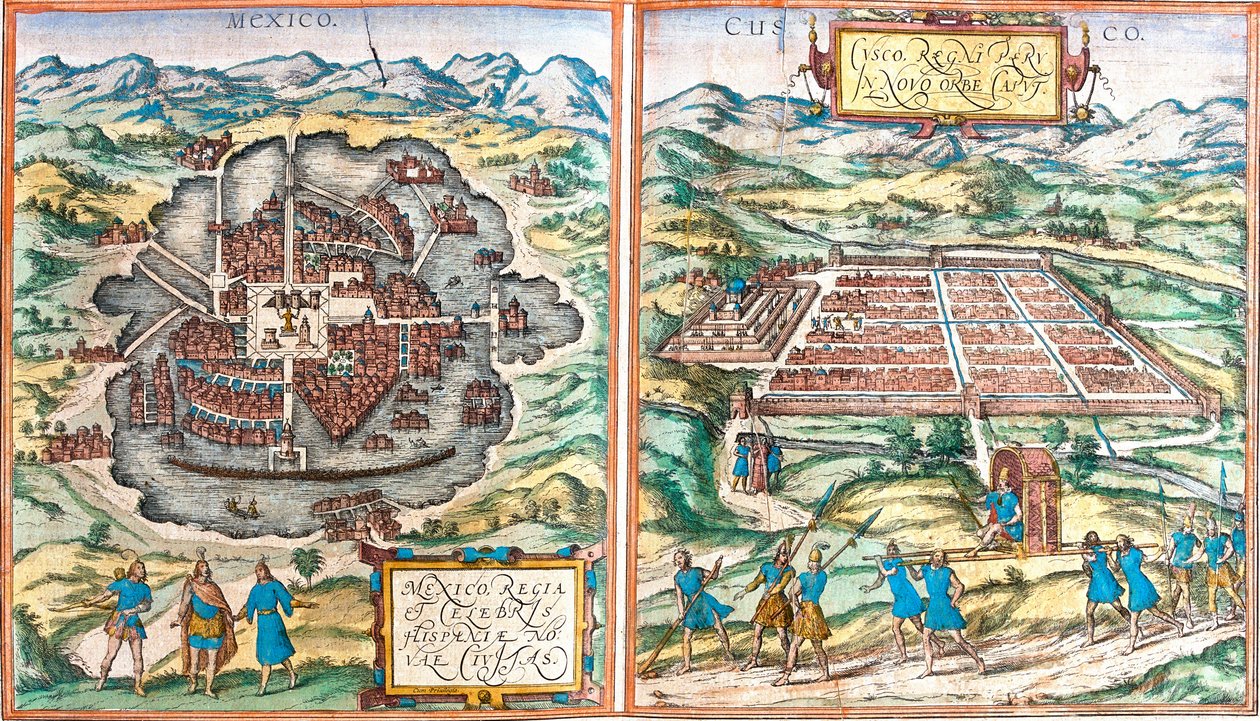 Meksika (Meksika) ve Cuzco (Cusco) (Peru) haritası (gravür by Franz Hogenberg