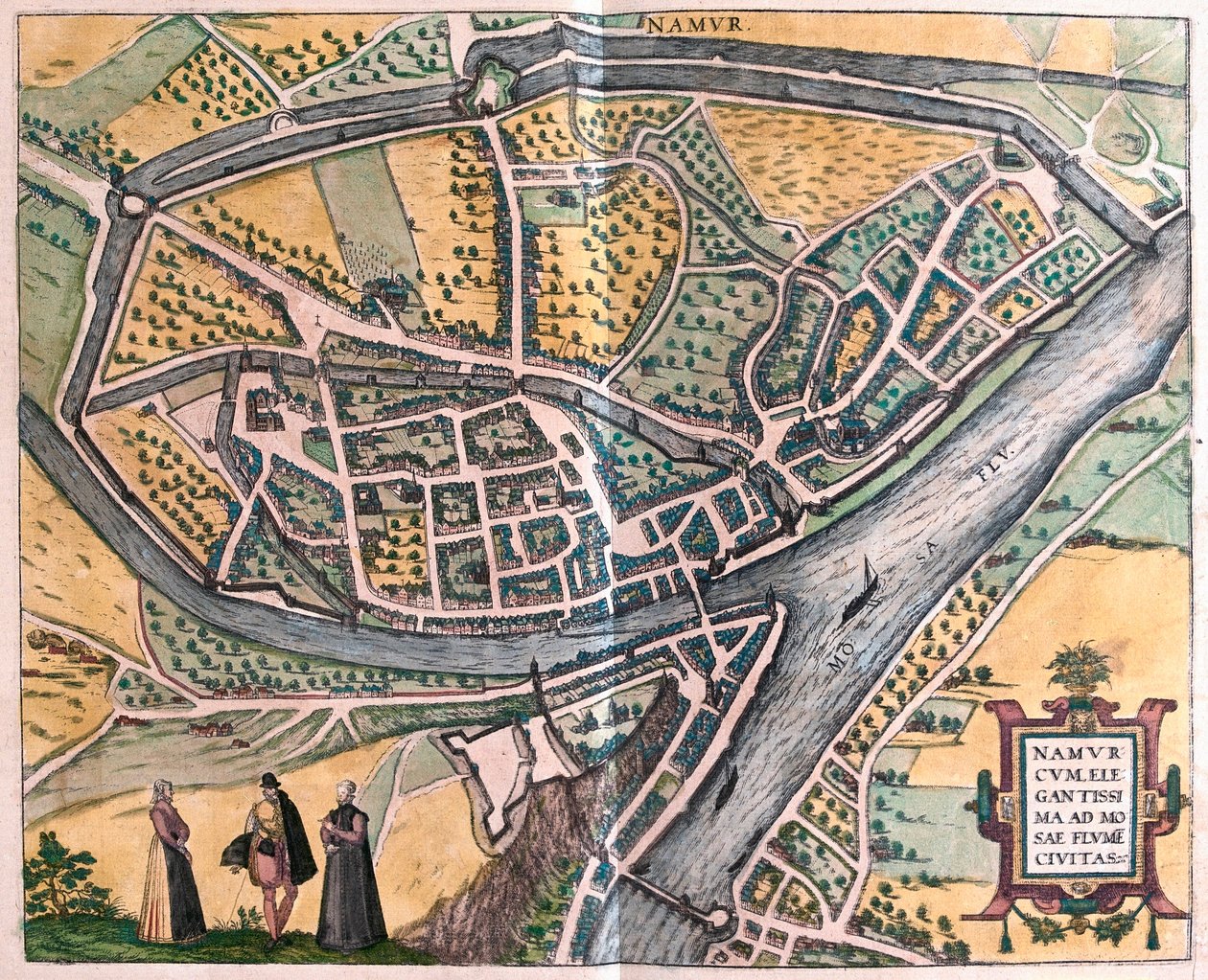 Namur ve Meuse Nehri, Belçika (gravür by Franz Hogenberg