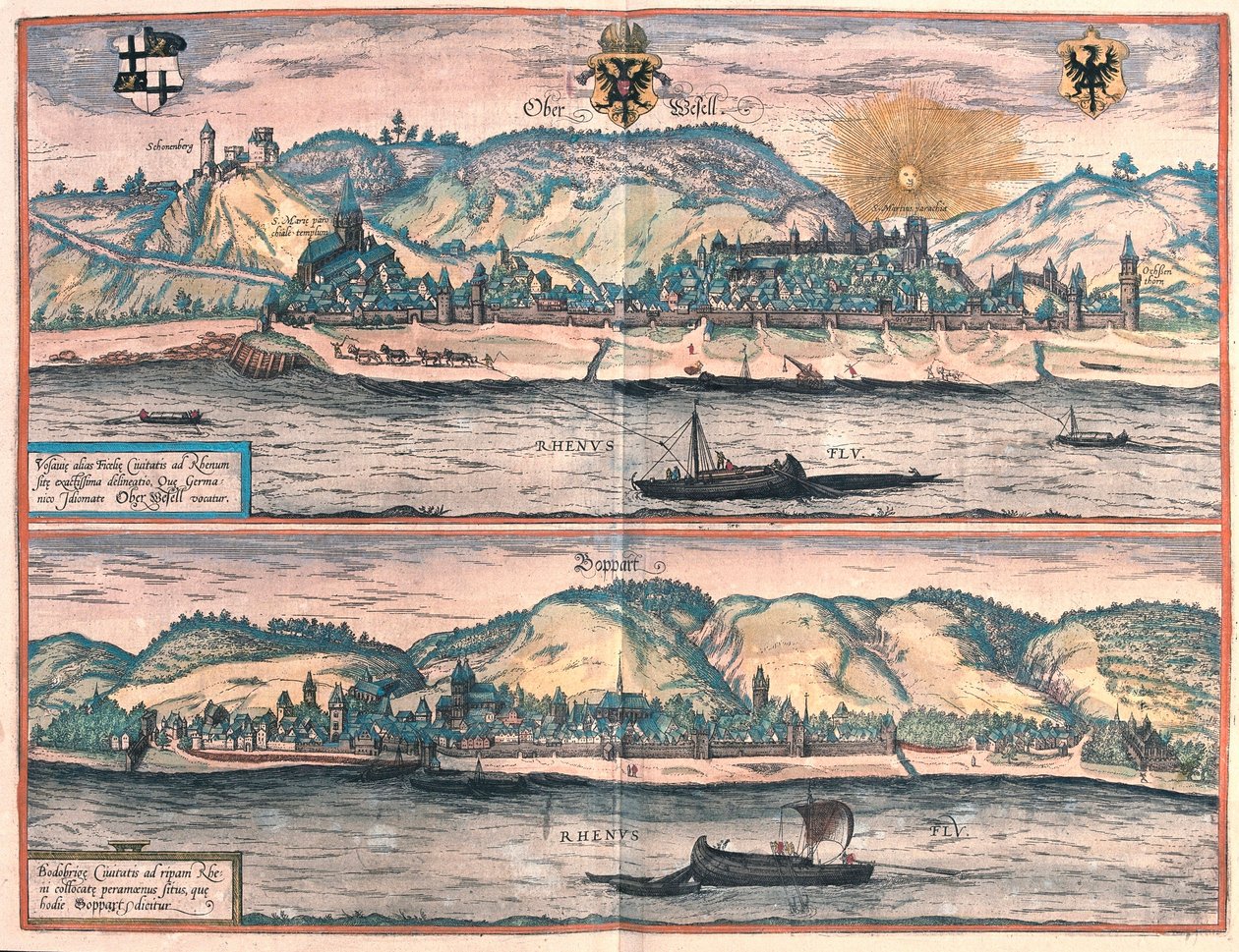 Oberwesel ve Boppard, Almanya (gravür by Franz Hogenberg