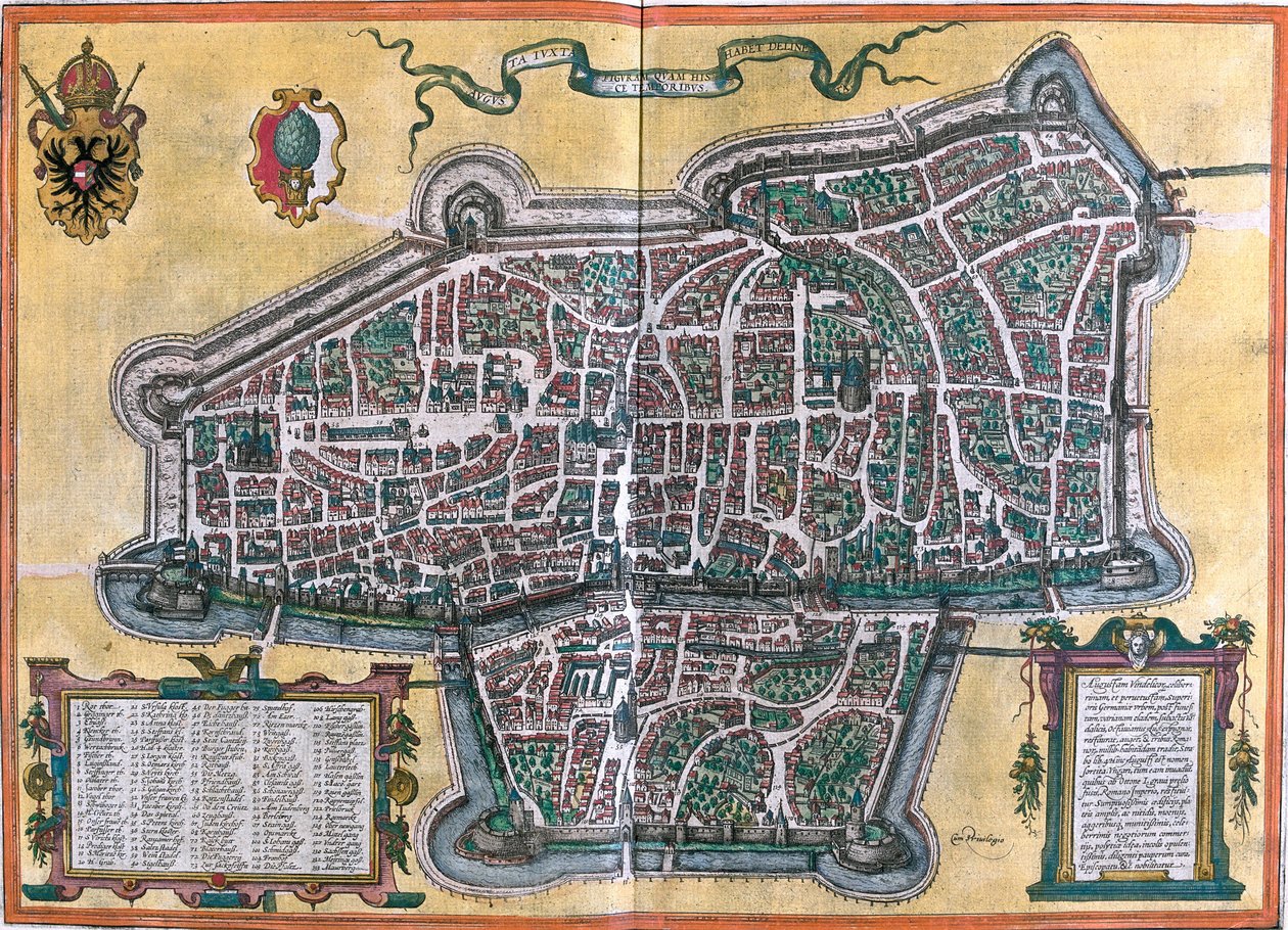Augsburg Planı (Augusta Vindelicorum), Almanya (gravür by Franz Hogenberg