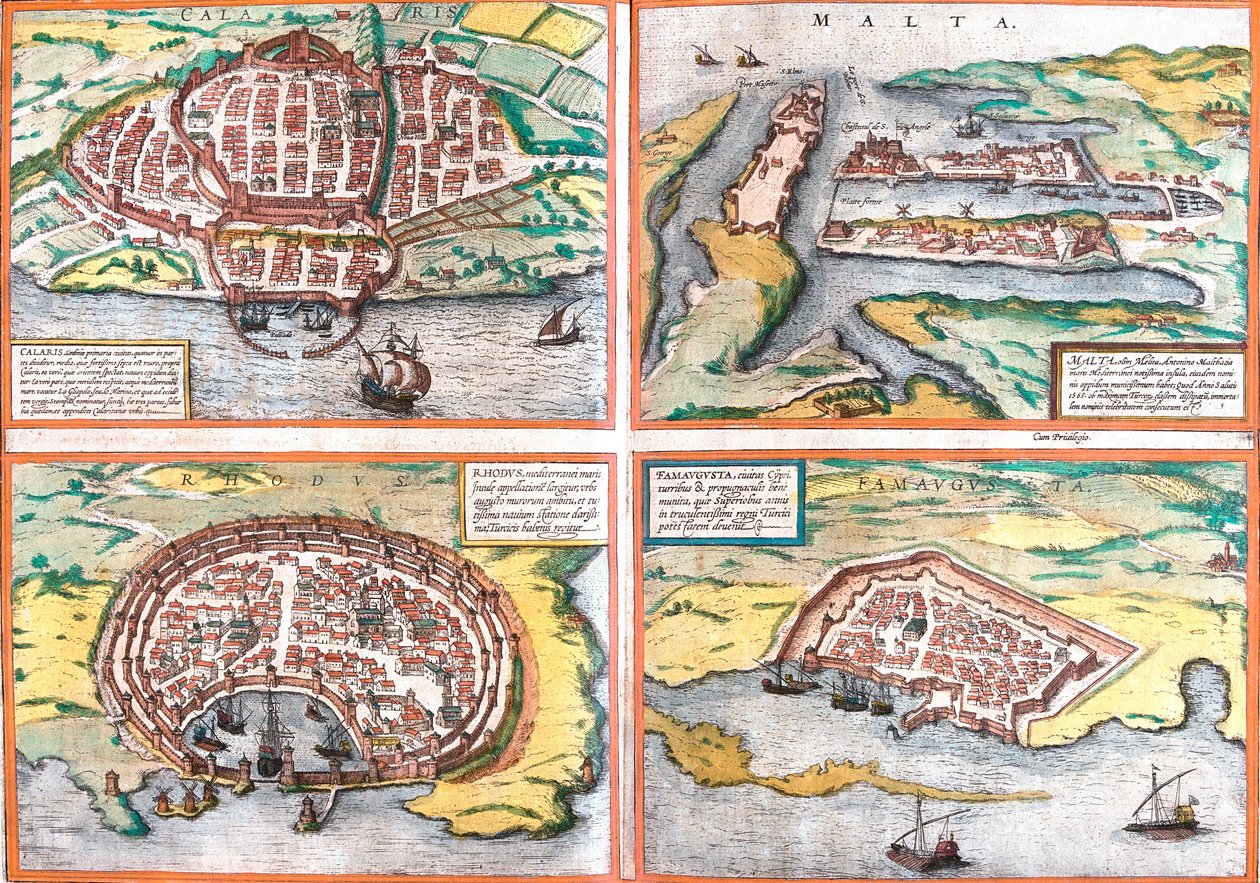 Cagliari (Calaris), Sardinya (İtalya), Malta (Malta), Rodos (Rhodus) ve Gazimağusa (Mağusa), Kıbrıs gravürü by Franz Hogenberg