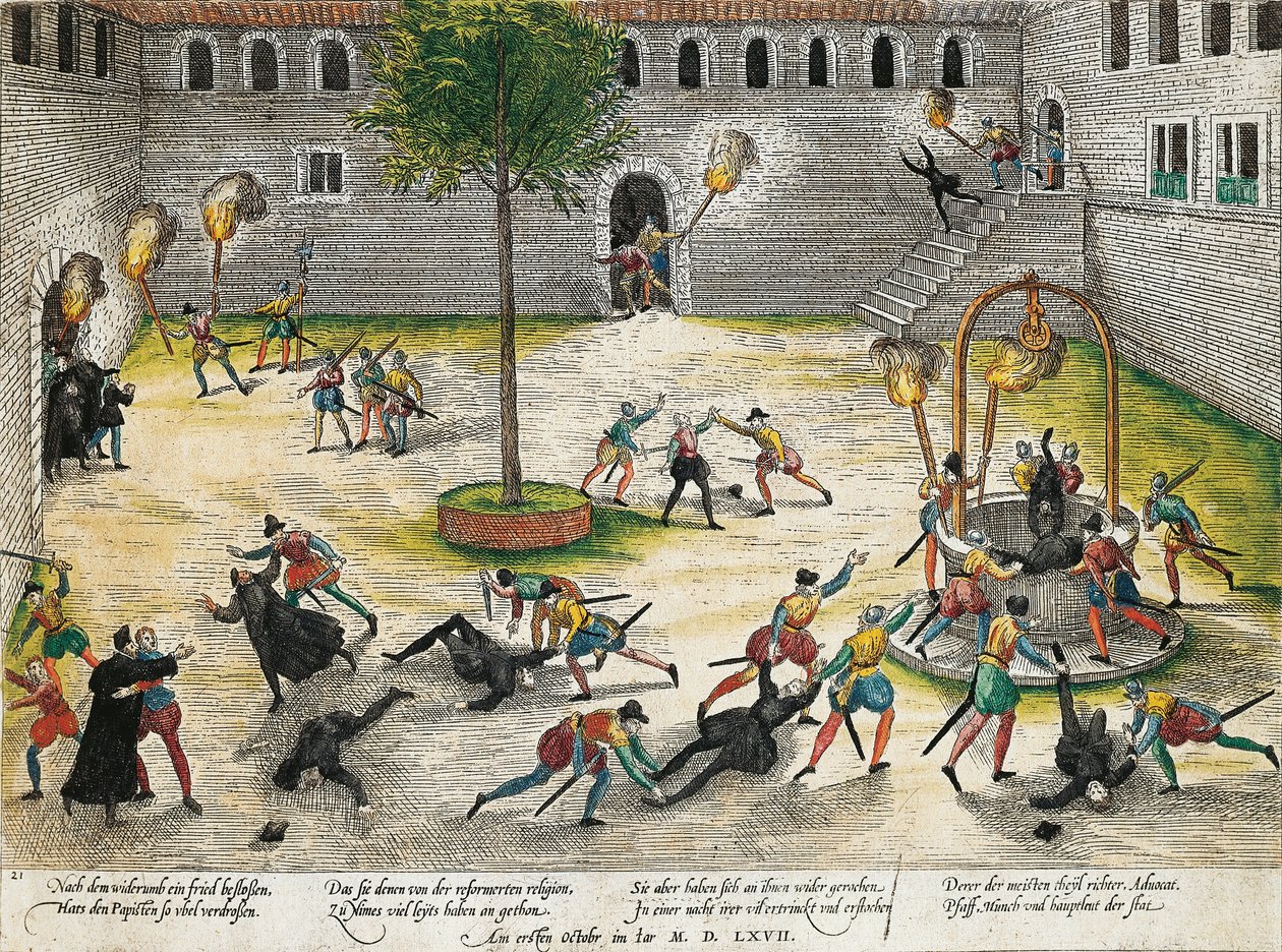Reformed tarafından Nimes din adamlarına karşı misilleme, Ekim 1567, gravür Franz Hogenberg (1535 - 1590), Din savaşları, Fransa by Franz Hogenberg