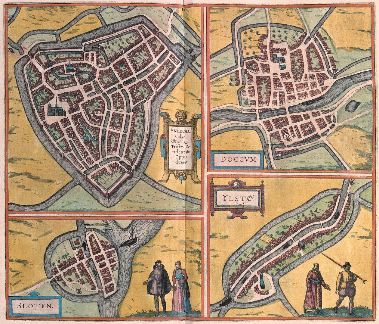 Sneek, Dokkum, Sloten, Ijlst, Hollanda (gravür by Franz Hogenberg