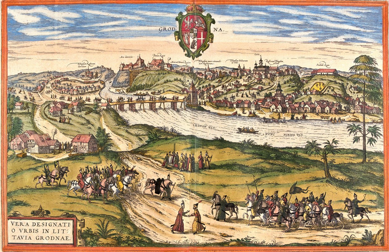 Hrodna veya Grodno (Grodna), Beyaz Rusya (Beyaz Rusya) görünümü (gravür by Franz Hogenberg