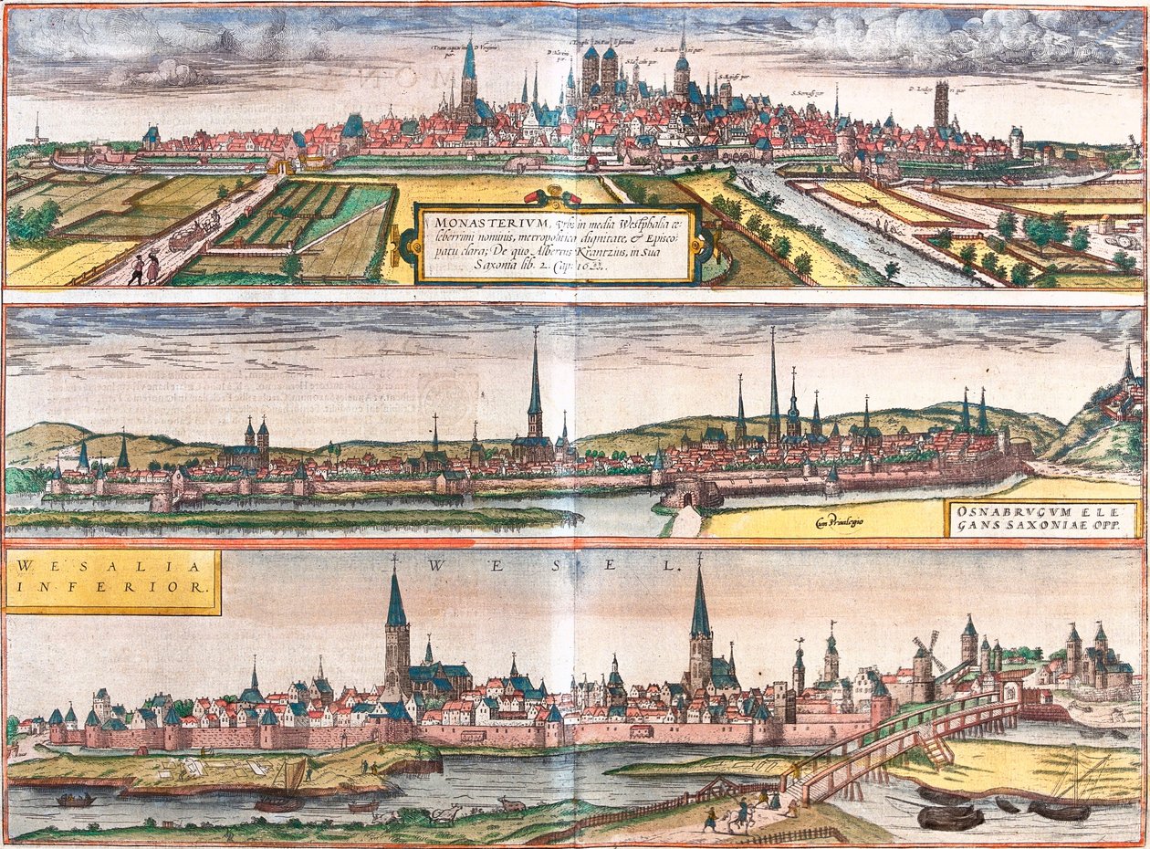 Munster (Monasterium), Osnabruck (Osnabrugum) ve Wesel (Weselia), Almanya (gravür) görünümü by Franz Hogenberg