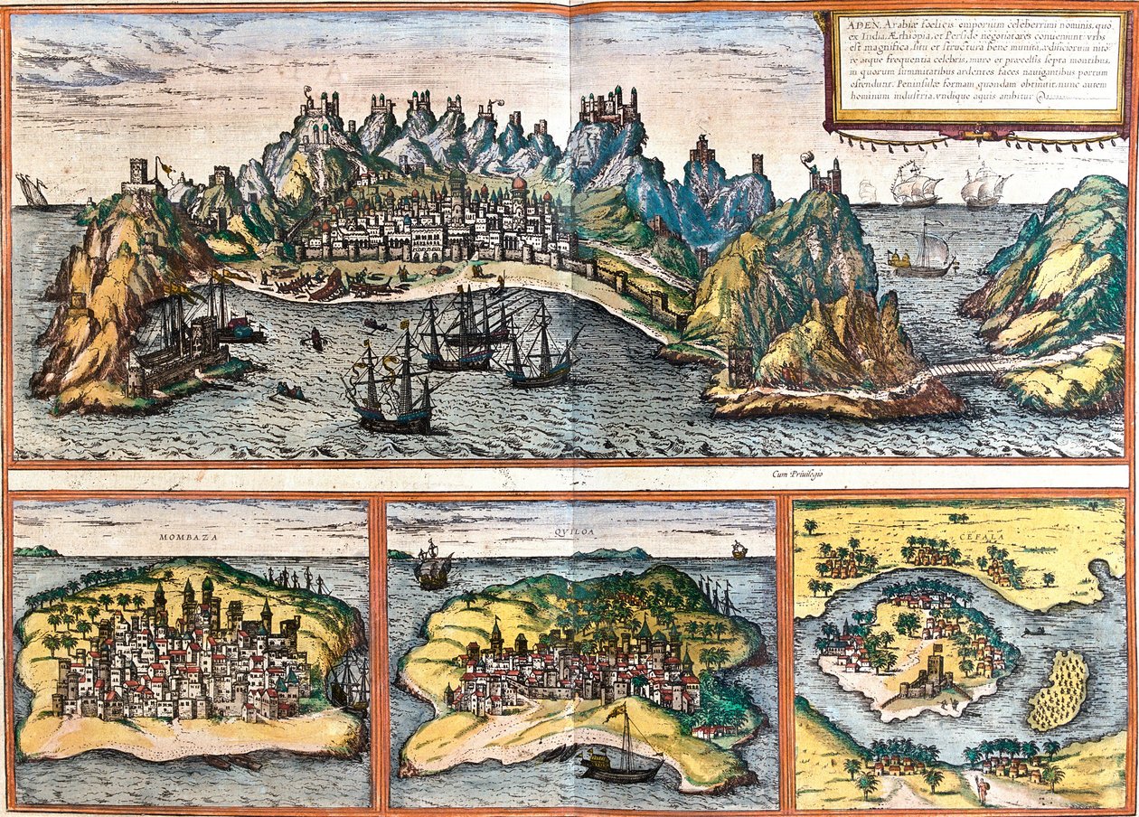 Aden (Yemen), Mombasa (Mombaza) (Kenya), Kilwa Kisiwani (Quiloa) (Tanzanya) ve Cefala Diana (Cefala) (Sicilya, İtalya) (gravür) manzaraları by Franz Hogenberg