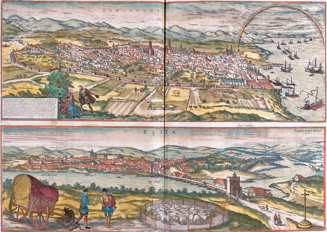 Barselona ve Ecija (Eciia) manzaraları, İspanya (gravür by Franz Hogenberg