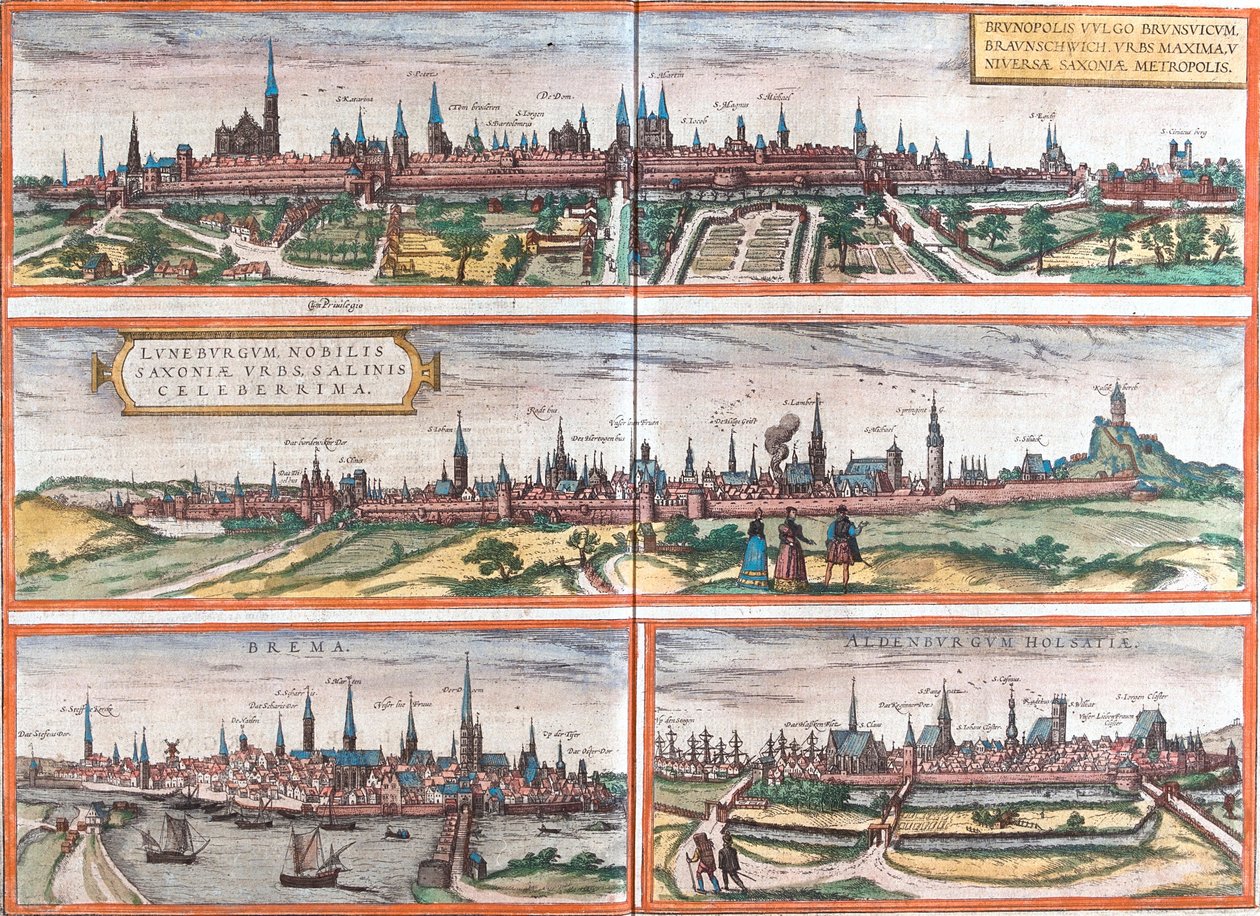 Brunswick (Brusvicum), Lüneburg (Loneburgum), Breme (Brema) ve Oldenburg (Aldenburgum), Almanya (gravür) manzaraları by Franz Hogenberg