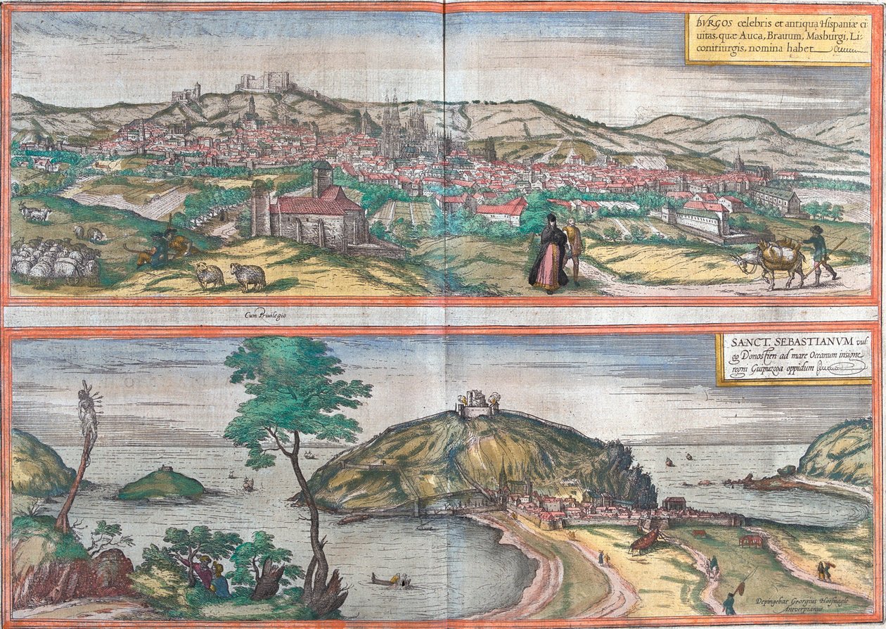 Burgos ve San Sebastian (veya Donostia), İspanya manzarası (gravür by Franz Hogenberg