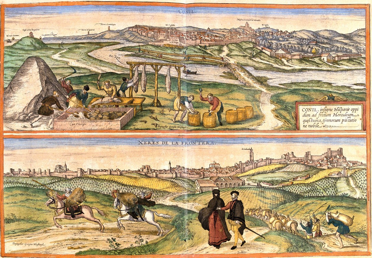 Conil de la Frontera (Conil) ve Xeres (Xeres de la Frontera) manzaraları, İspanya (gravür by Franz Hogenberg