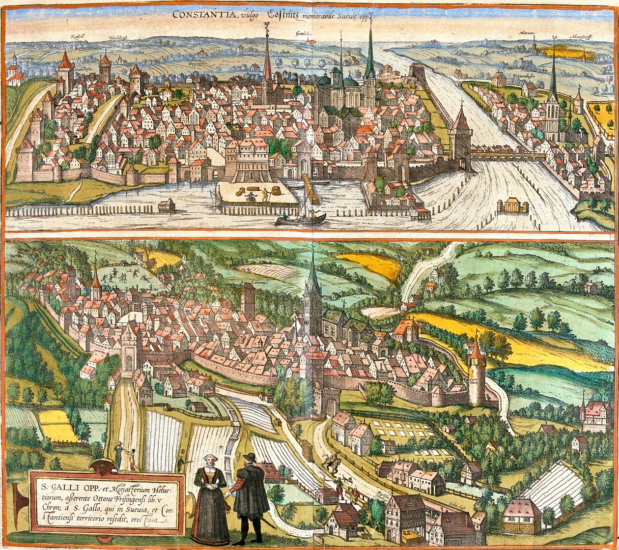 Constance (Contantia), Almanya ve St. Galli (S. Galli), İsviçre (gravür) manzaraları by Franz Hogenberg