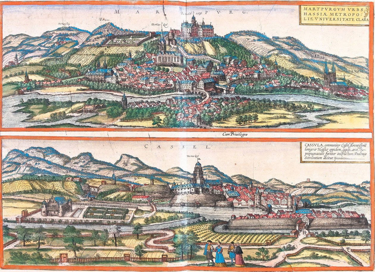 Marburg (Martpurgum) ve Cassel (Cassila), Almanya (gravür) manzaraları by Franz Hogenberg
