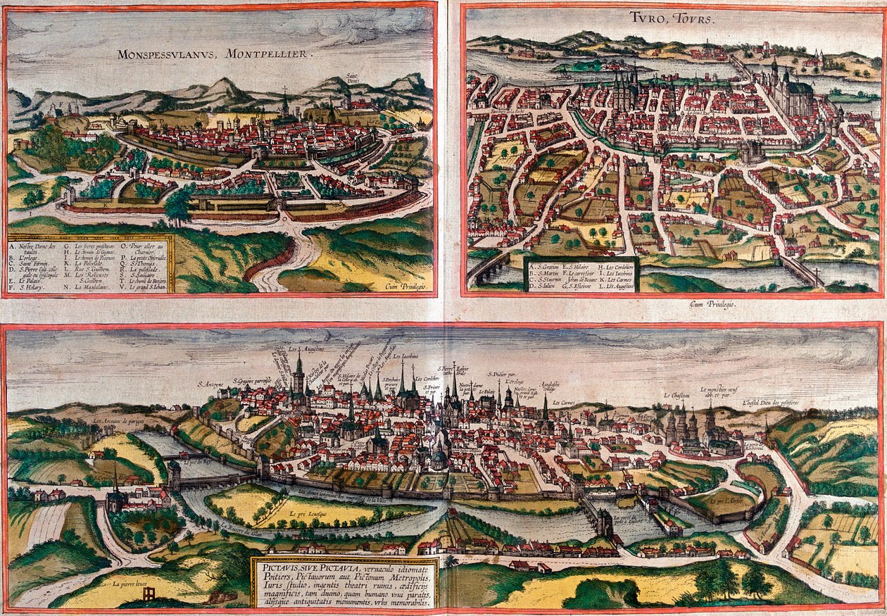 Montpellier (Monspessulanus), Tours (Turo) ve Poitiers (Pictavis), Fransa (gravür) manzaraları by Franz Hogenberg