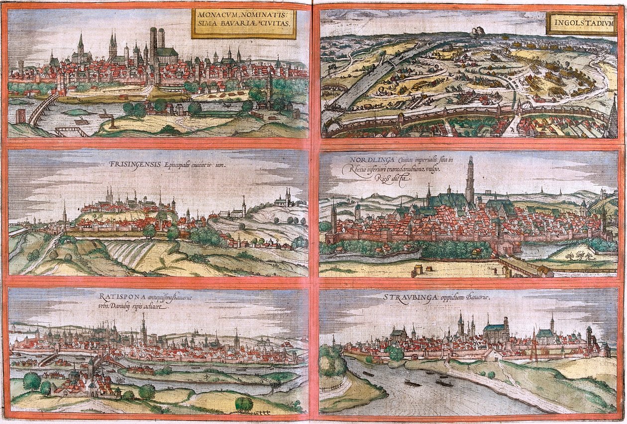 Münih (Monacum) Ingolstadt (Ingolstadium), Freising (Frisingensis), Nordlingen (Nordlinga), Regensburg (Ratispona) ve Straubing (Stravbinga), Almanya (gravür) manzaraları by Franz Hogenberg