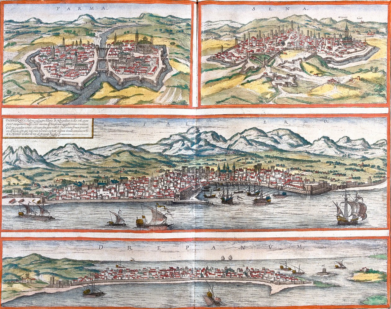 Parma (Parma), Siena (Sena), Palermo (Panhormus) ve Trapani (Drepanum) (Sicilya), İtalya (gravür) manzaraları by Franz Hogenberg