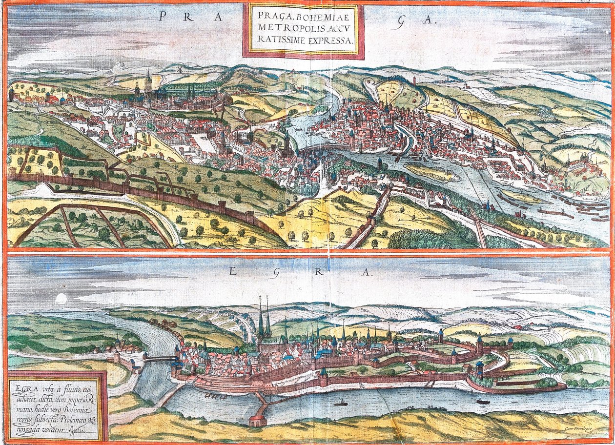 Prag (Praga) ve Egra, Çek Cumhuriyeti (gravür) manzaraları by Franz Hogenberg