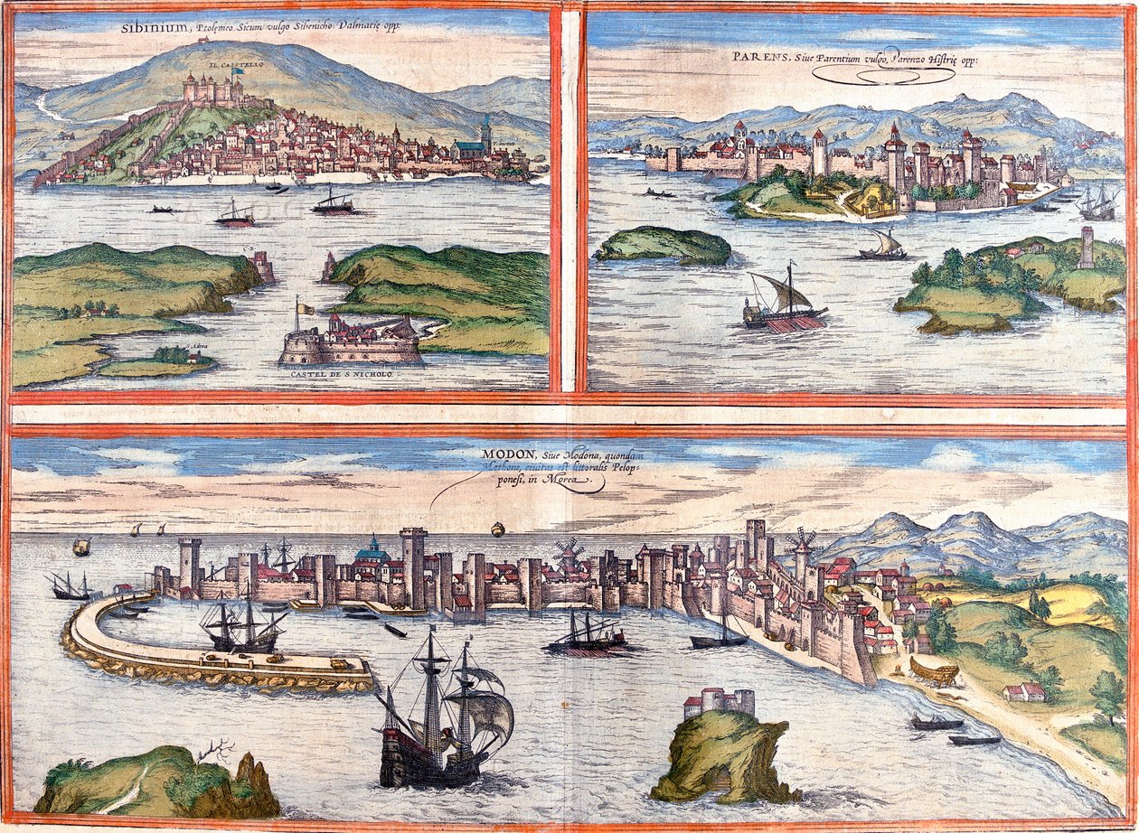Sibenik (Sibinium, Sibenicho), Porec (Parens, Parentium), Hırvatistan ve Modon (Modona), Yunanistan (gravür) manzaraları by Franz Hogenberg