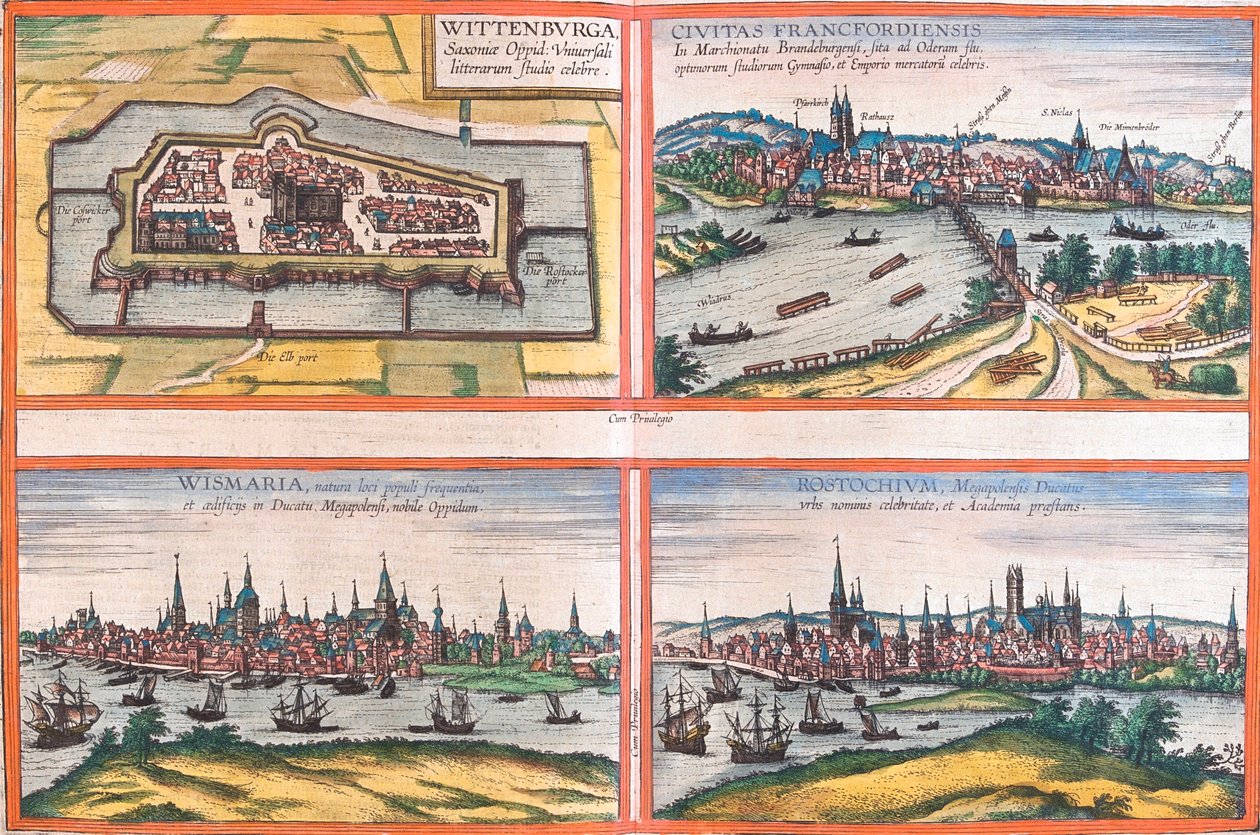 Wittenburg (Wittenburga), Frankfurt (Francfordiensis), Wismar (Wismaria) ve Rostock (Rostochium), Almanya (gravür) manzaraları by Franz Hogenberg