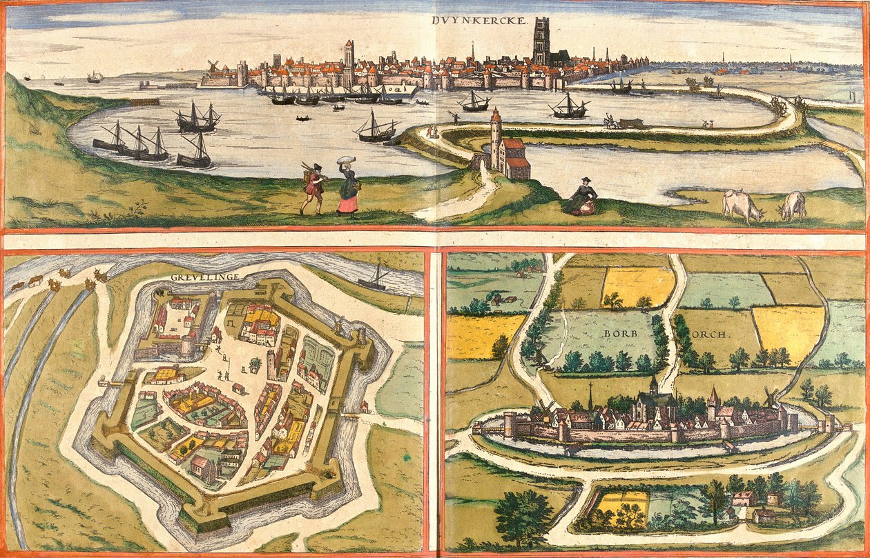 Dunkirk (Duynkercke), Gravelines (Grevelinge) ve Bourbourg (Borborch), Fransa (gravür) manzaraları by Franz Hogenberg