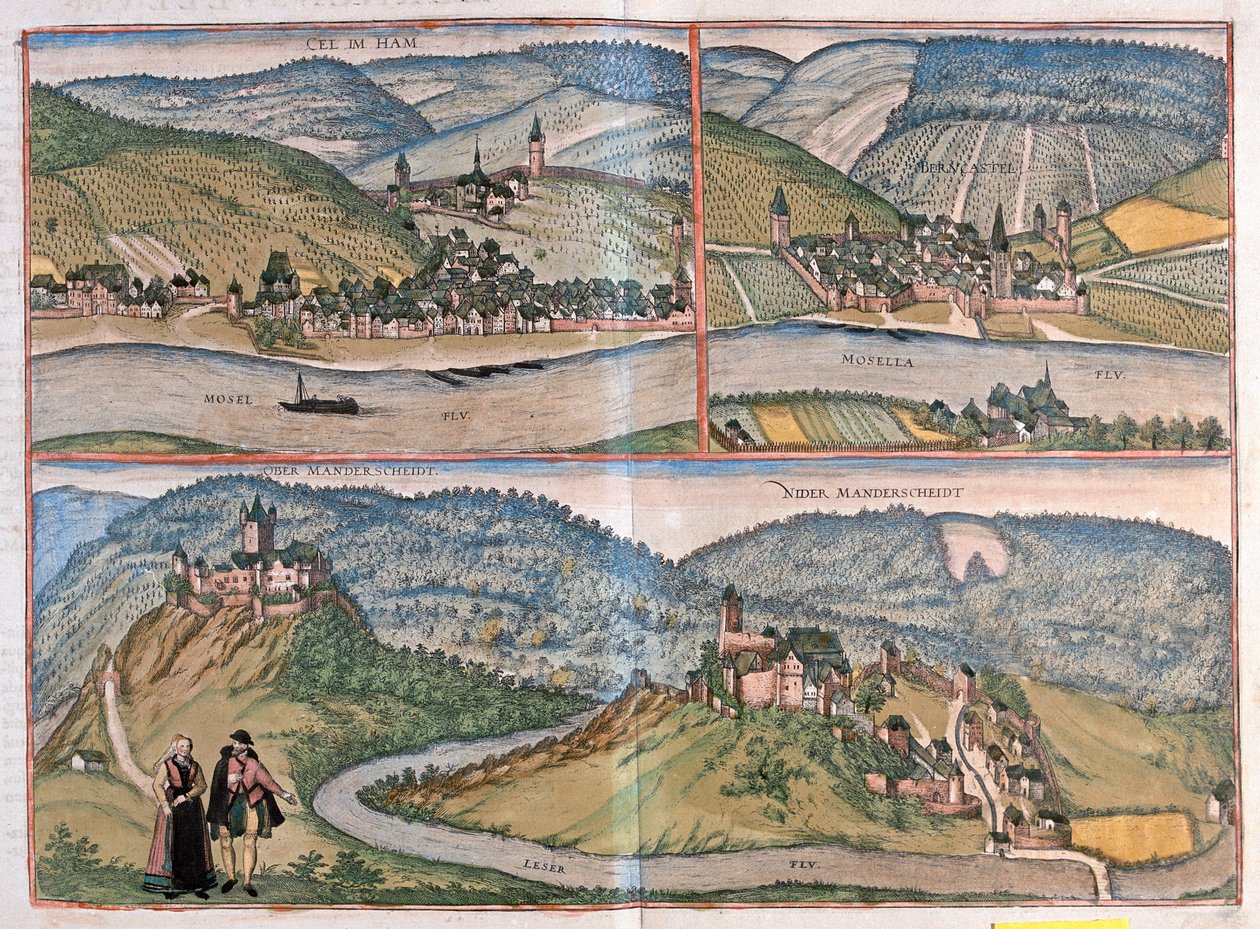Zell an der Mosel, Bernkastel-Kues, Manderscheid, Almanya (gravür by Franz Hogenberg