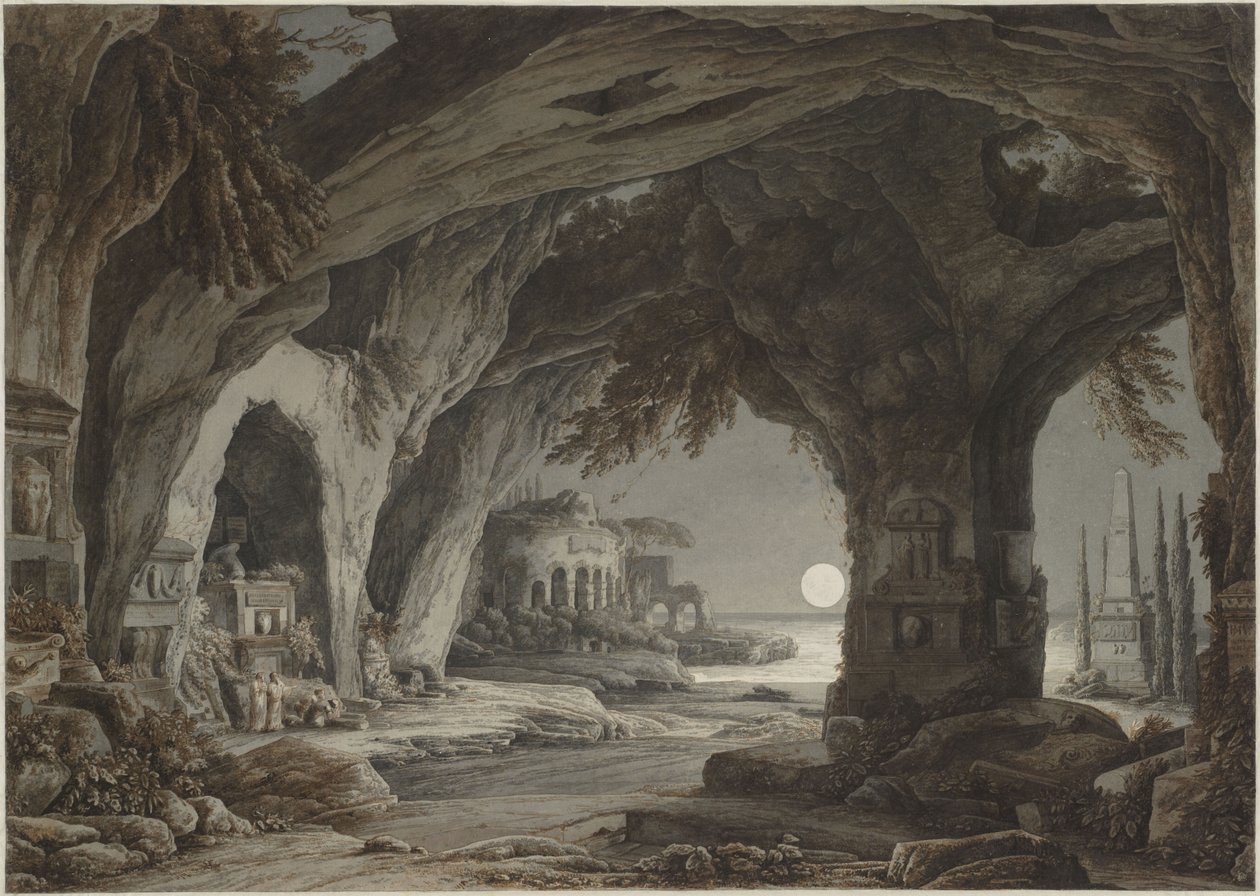 Ay ışığında kaya mağarası, mezarlar ve harabeler ile ideal manzara, c. 1790. by Franz Innocenz Josef Kobell