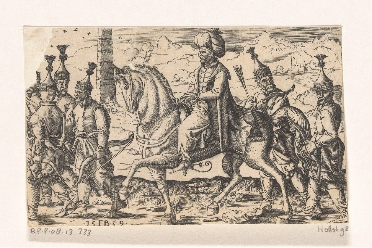 Sultan askerler eşliğinde at sırtında by Franz Isaac Brun