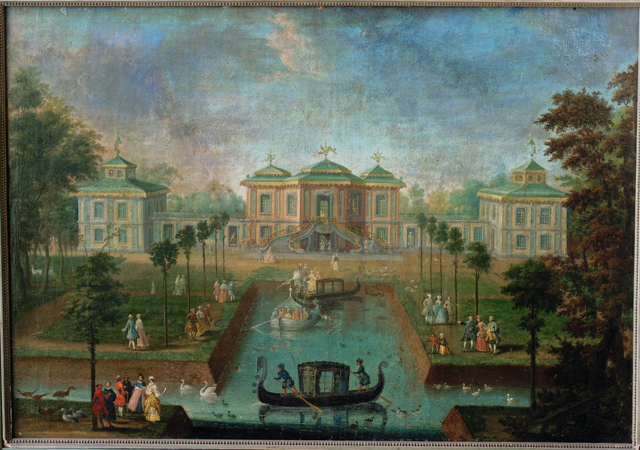 Augustusburg Sarayı parkında Kızılderili Evi çevresinde saray hayatı, doğudan görünüm ... by Franz Jakob Rousseau