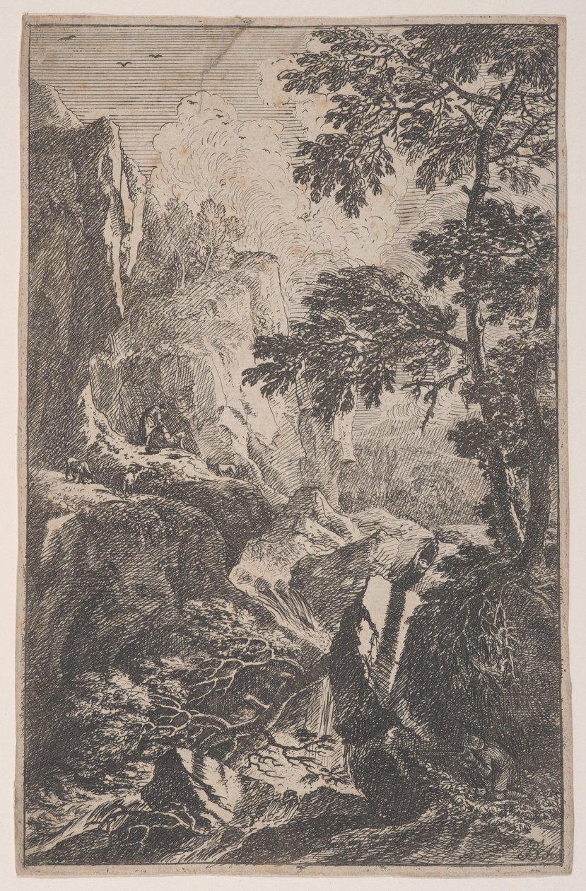 Plaka 2: Sağda büyük bir kayanın yanında diz çökmüş silahıyla nişan alan bir avcı, bir ma..., yakl. 1700-25. by Franz Joachim Beich