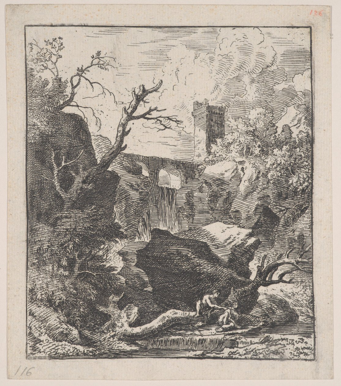 Levha 2: Ön planda bir derenin kıyısında bir ağaç gövdesi üzerinde oturan iki figür,..., yakl. 1700-25. by Franz Joachim Beich