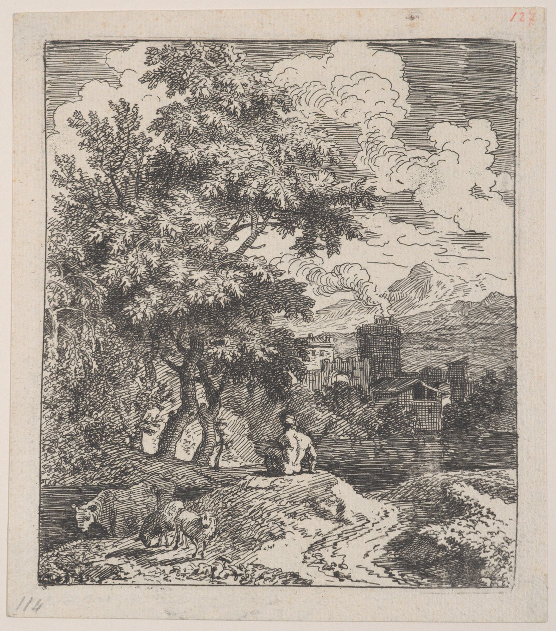 Levha 3: Bir tepede oturan bir çoban, solda bir inek ve iki koyun ve Ri..., ca. 1700-25. by Franz Joachim Beich