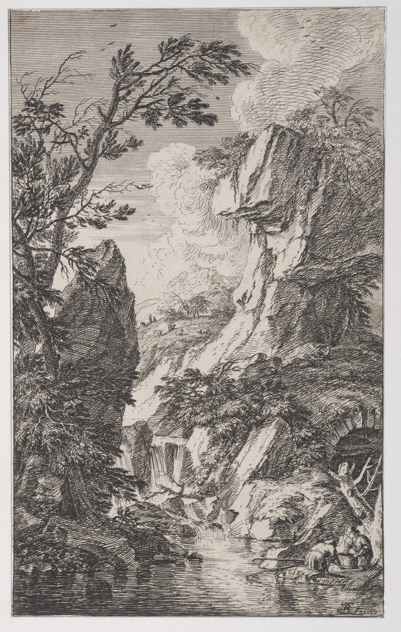 Levha 4: Sağda bir derenin kıyısında iki balıkçı, ortada bir şelale, ön..., yakl. 1700-25. by Franz Joachim Beich