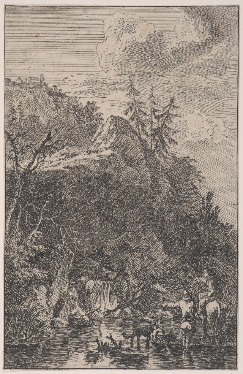 Levha 5: at sırtında kadın figürü ve sokakta duran bir köpekle bir erkek figürü..., ca. 1700-25. by Franz Joachim Beich