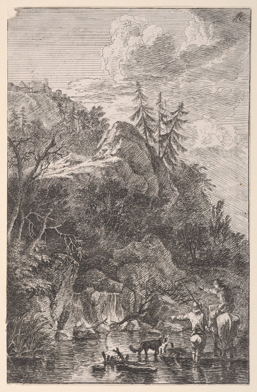 Levha 5: at sırtında kadın figürü ve sokakta duran bir köpekle bir erkek figürü..., ca. 1700-25. by Franz Joachim Beich