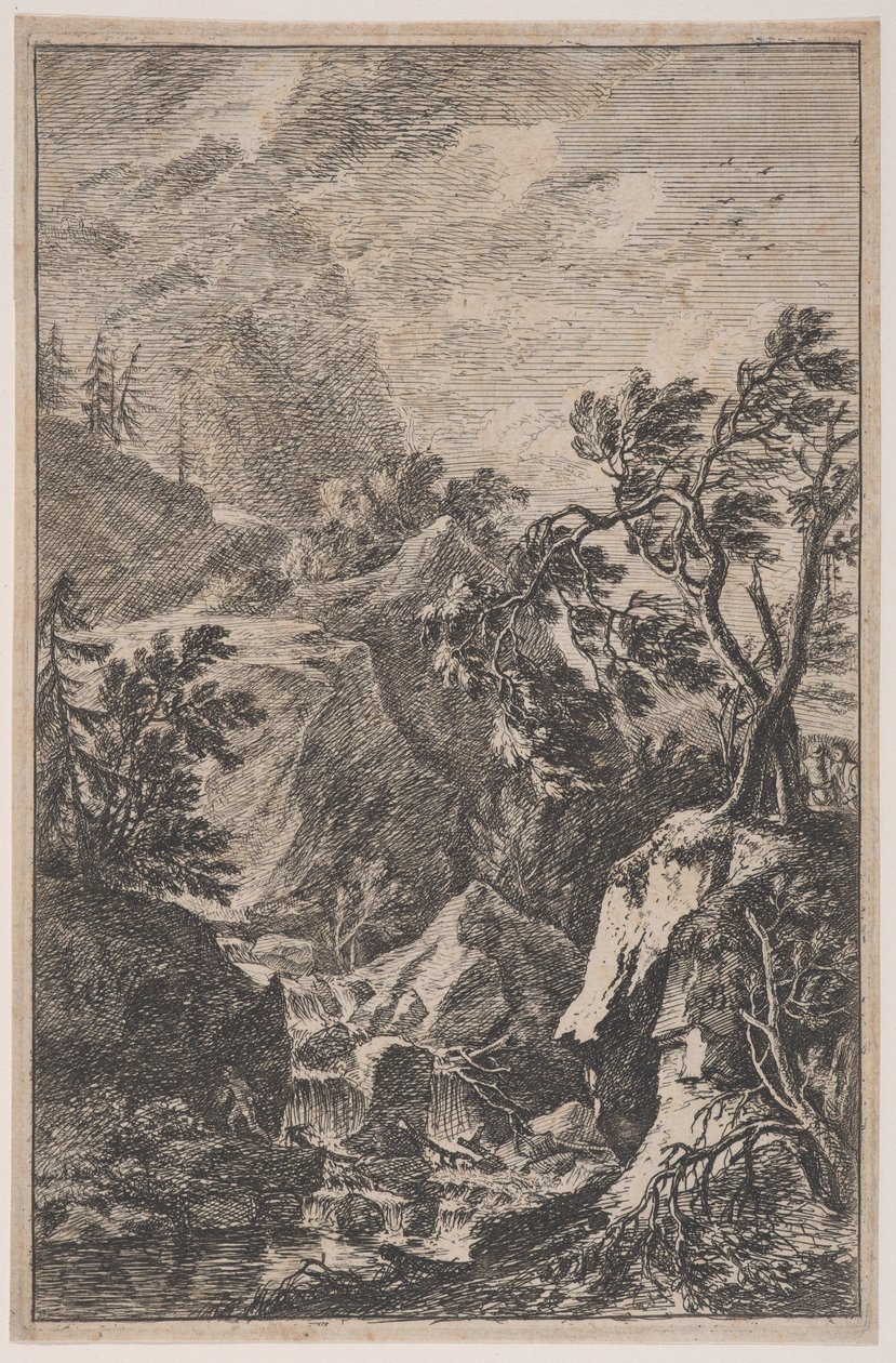 Levha 6: Sağda bir kayanın üzerinde duran iki erkek figürü, ortada bir şelale..., yakl. 1700-25. by Franz Joachim Beich