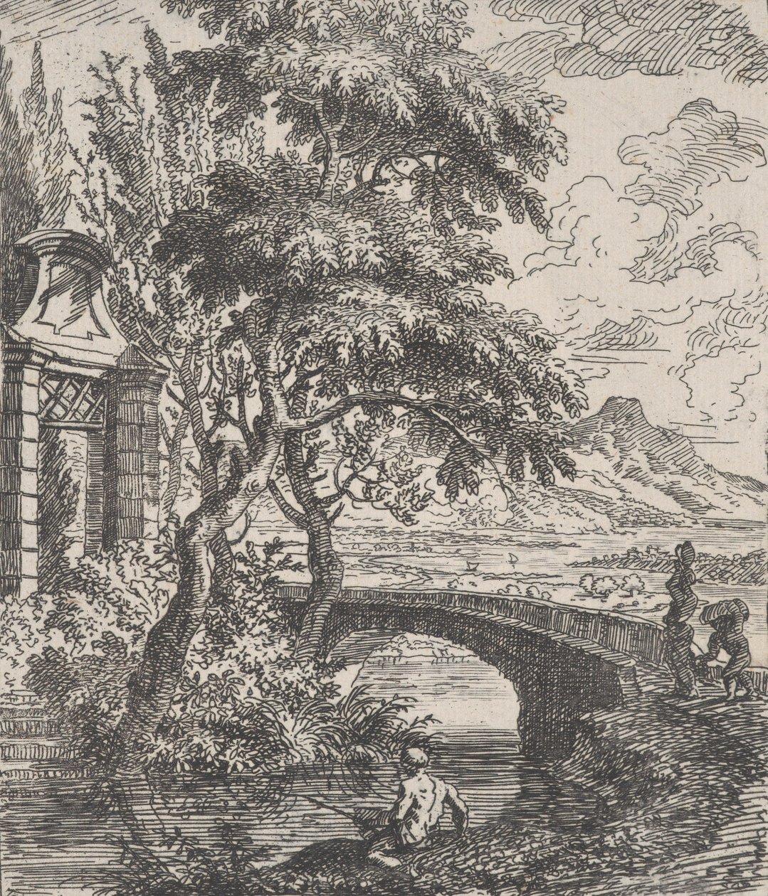 Levha 7: sağda iki figür bir taş köprüyü geçmek üzere, bir balıkçı..., yakl. 1700-25. by Franz Joachim Beich