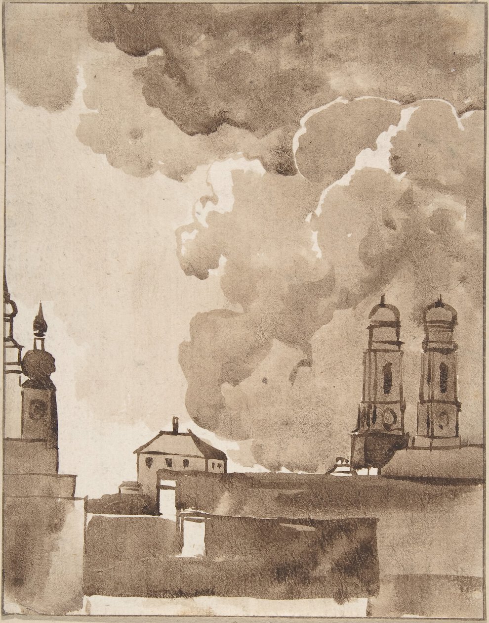 Sağda Marienkirche ile Münih manzarası, 18. yüzyılın sonları ve 19. yüzyılın başlarında. by Franz Kobell