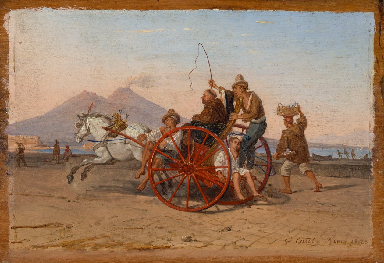 "Bir Kapuçin rahip ve rahibe Napoli limanında bir Napoliten arabasında sürülüyor" by Franz Ludwig Catel